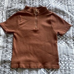 90s Style Brown Top with Gold Zipper Detail